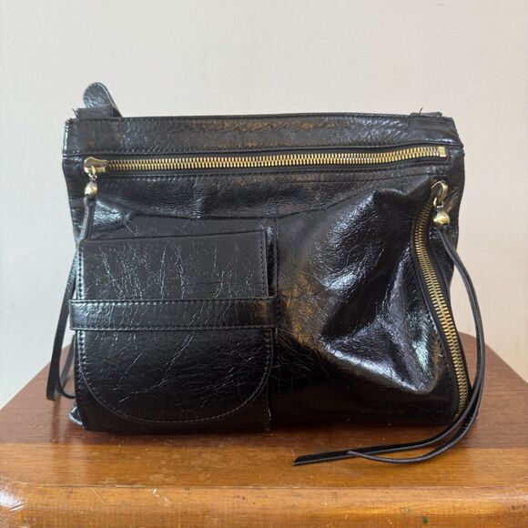HOBO Crossfire Black Leather Crossbody Messenger Bag Shoulder Bag Boho 90s Y2K - Picture 5 of 14